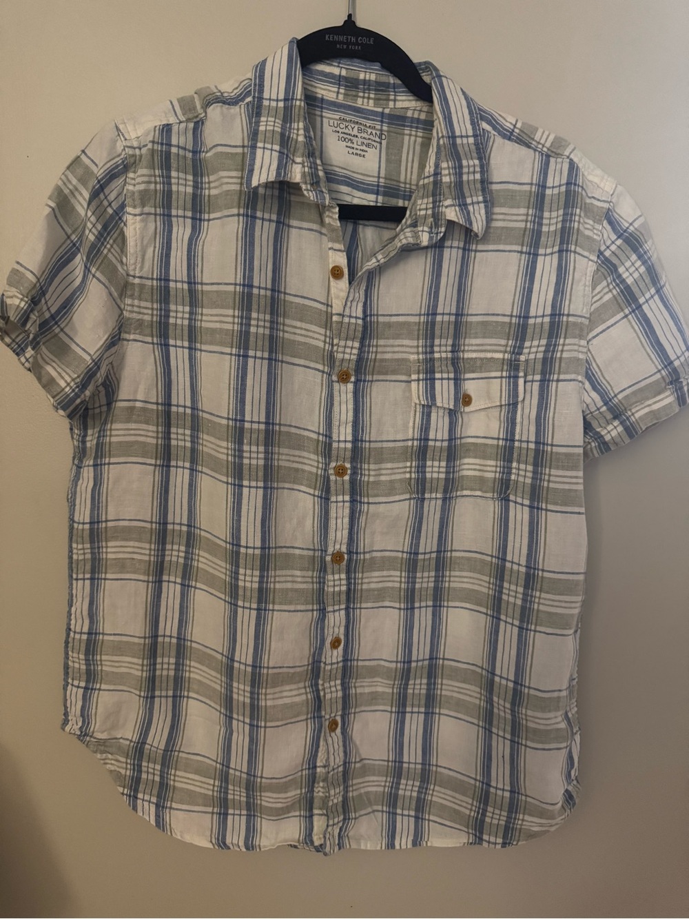 Lucky Brand White, Blue & Gray Plaid Short-Sleeve linen Button-Up Shirt